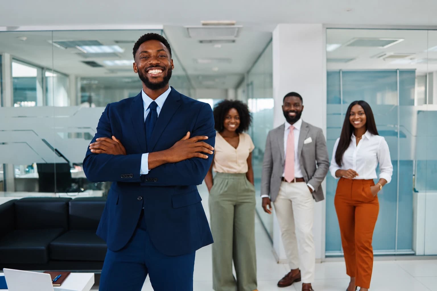 Four smiling colleagues standing together in a bright, glass-walled office