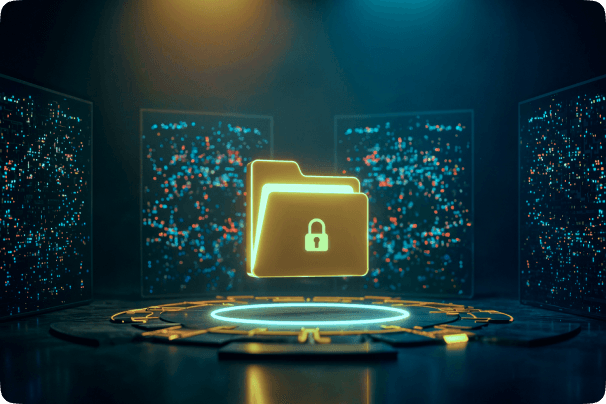 A glowing folder-and-lock illustration representing protected data